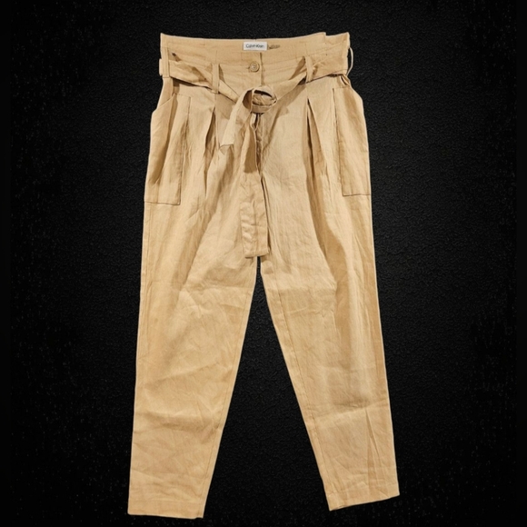 Calvin Klein SZ 4 Tan Paperbag Pleated Linen Blend Pant W/Belt & Utility Pockets - Picture 2 of 13